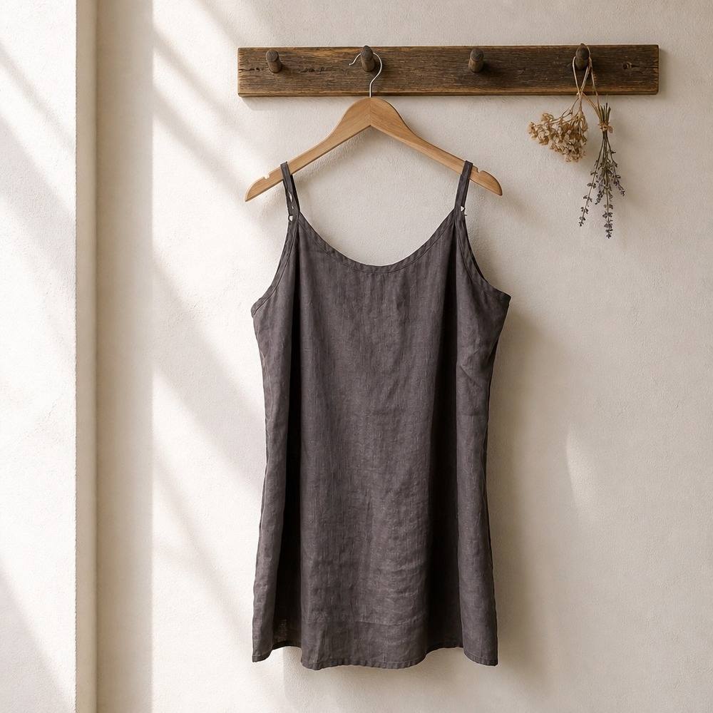 Flax Linen Tunic Cami Top Charcoal Grey Sleeveless Adjustable Strap NWOT